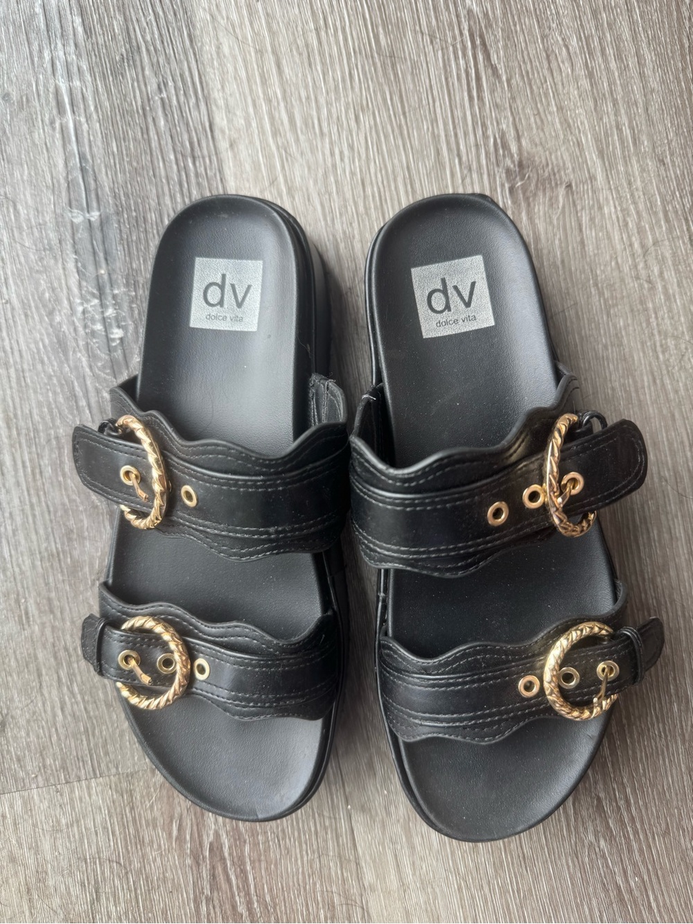 DV by Dolce Vita Black Slide Sandals with Gold Rope Buckles